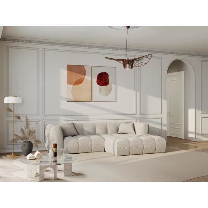 Canapé d'angle en velours côtelé beige - VENTE-UNIQUE - NAEMIA - 5 places - Angle droit