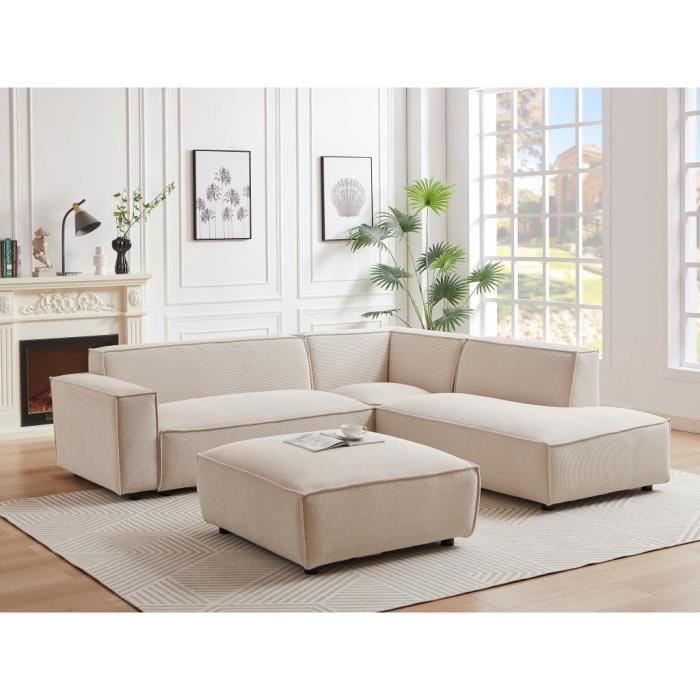 Canapé d'angle en velours côtelé beige - VENTE-UNIQUE - BORORE - 6 places - Angle droit