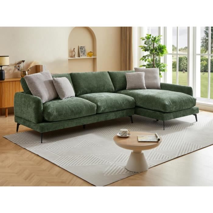 Canapé d'angle droit en tissu texturé vert - VENTE-UNIQUE - ROCALTA - 5 places - Déhoussable - Confort moelleux