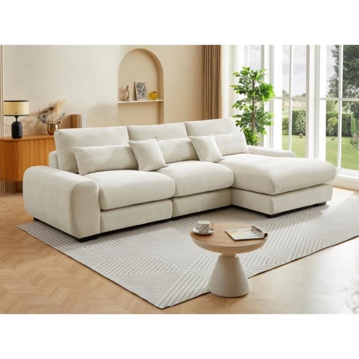 Canapé d'angle en tissu texturé beige - VENTE-UNIQUE - CATEMBO - 5 places - Déhoussable
