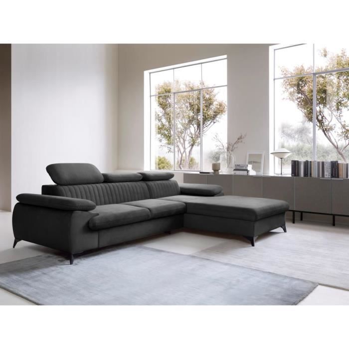 Canapé d'angle droit convertible en velours gris anthracite SAMARA