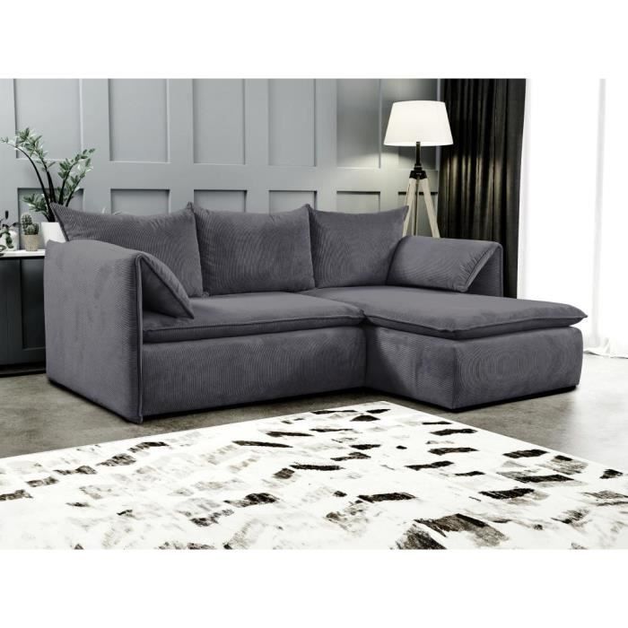 Canapé d'angle droit convertible en velours côtelé bleu gris TEODORA