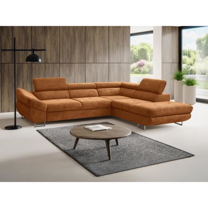 Canapé d'angle droit convertible en tissu texturé terracotta DALIAS