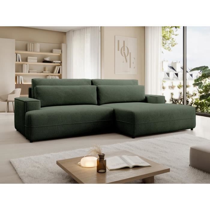 Canapé d'angle droit convertible en tissu texturé vert BREGLIO
