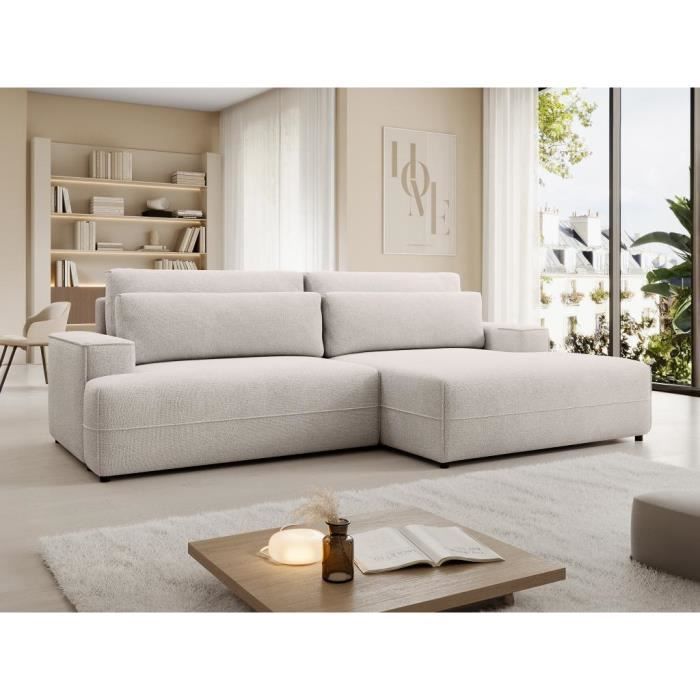 Canapé d'angle droit convertible en tissu texturé beige BREGLIO