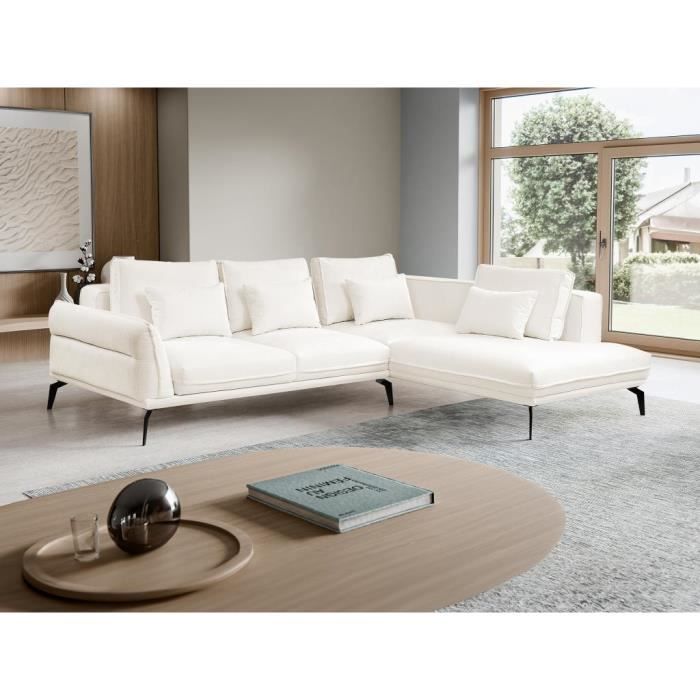 Canapé d'angle droit convertible en tissu texturé blanc VILARETI