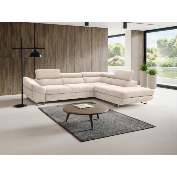 Canapé d'angle droit convertible en tissu texturé beige DALIAS
