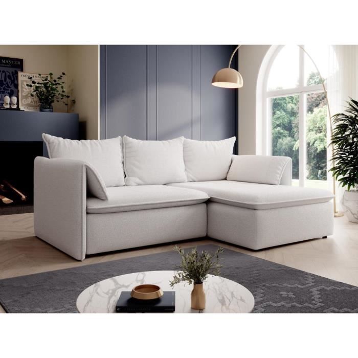 Canapé d'angle droit convertible en tissu texturé beige TEODORA