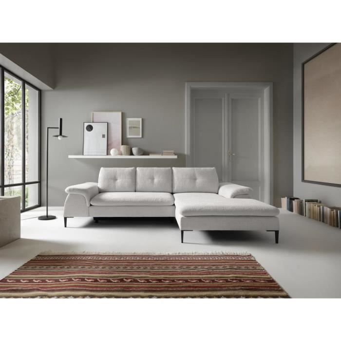 Canapé d'angle convertible en tissu bouclette blanc JOLESA - VENTE-UNIQUE - 4 places - Coffre de rangement