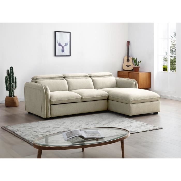 Canapé d'angle droit convertible en tissu beige ORELANA