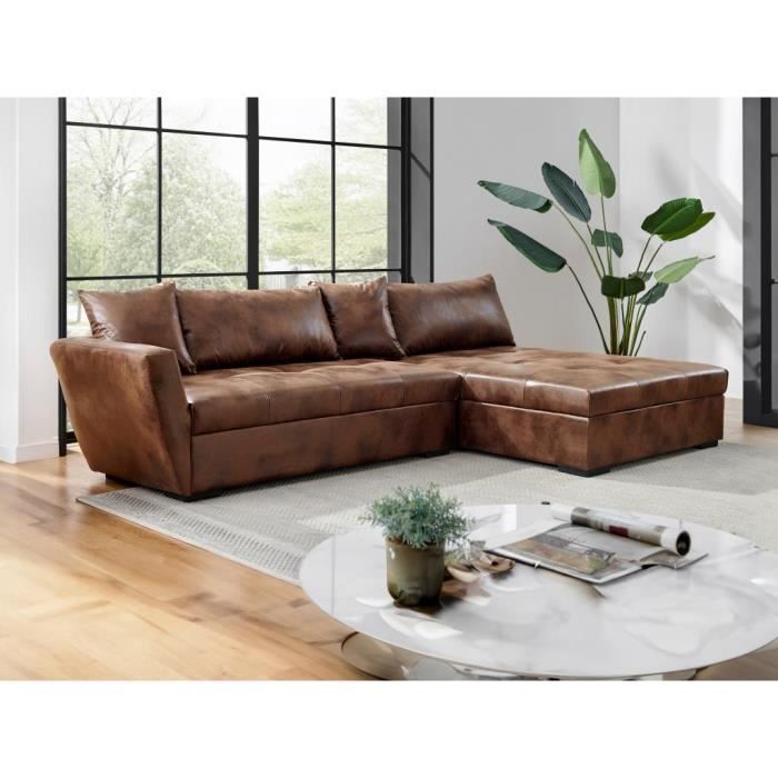 Canapé d'angle droit convertible en microfibre vieillie marron ROMANE II