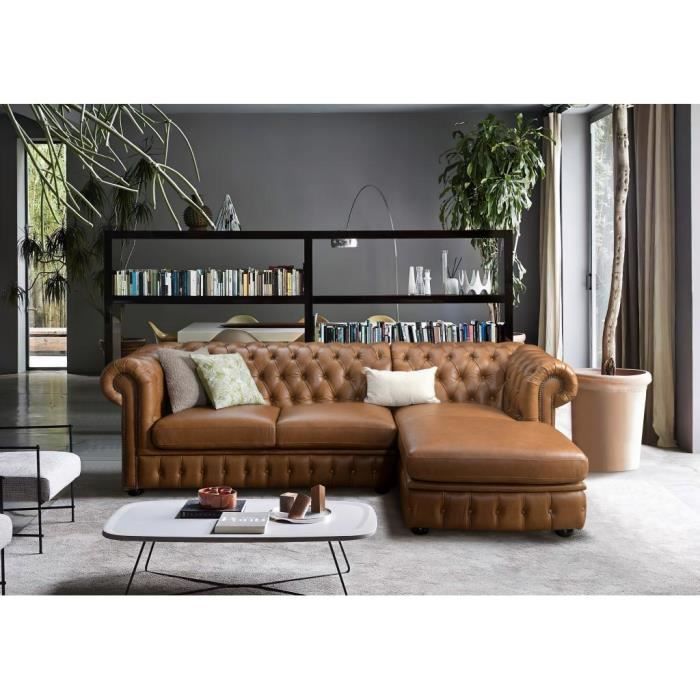 Canapé d'angle droit chesterfield BRENTON 100% cuir de buffle - Caramel vintage