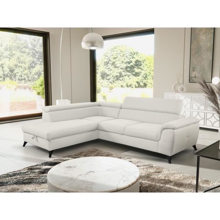 Canapé d'angle convertible gauche en tissu beige - VENTE-UNIQUE - BORTIGALI - 5 places - Coffre de rangement
