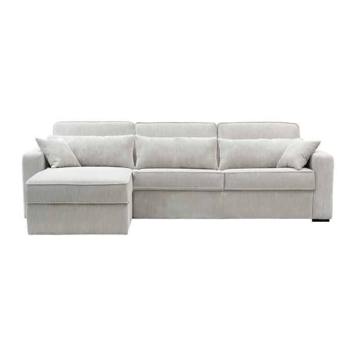 Canapé d'angle convertible express et réversible en velours côtelé beige - Matelas 18 cm - Couchage 140 cm - MONDOVI