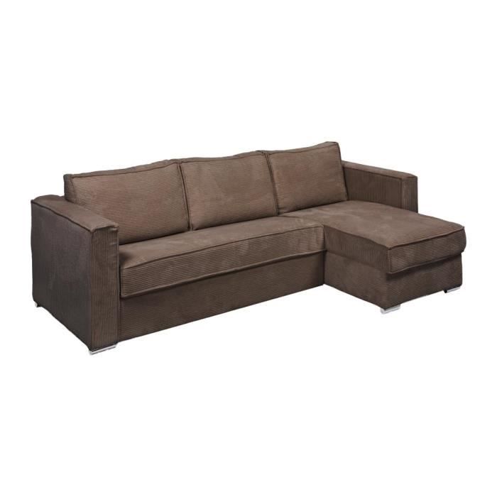 Canapé d'angle convertible express et réversible en velours côtelé marron - Couchage à lattes larges 160 cm - Matelas 22 cm LORETO