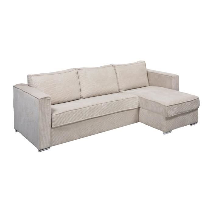 Canapé d'angle convertible express et réversible en velours côtelé beige - Couchage à lattes larges 160 cm - Matelas 22 cm LORETO