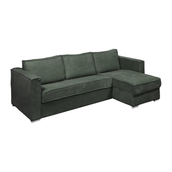 Canapé d'angle convertible express et réversible en velours côtelé vert - Couchage à lattes larges 160 cm - Matelas 14 cm LORETO