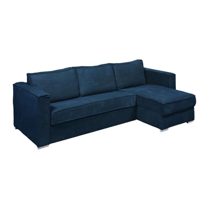 Canapé d'angle convertible express et réversible en velours côtelé bleu nuit - Couchage 160 cm - Matelas 22 cm LORETO