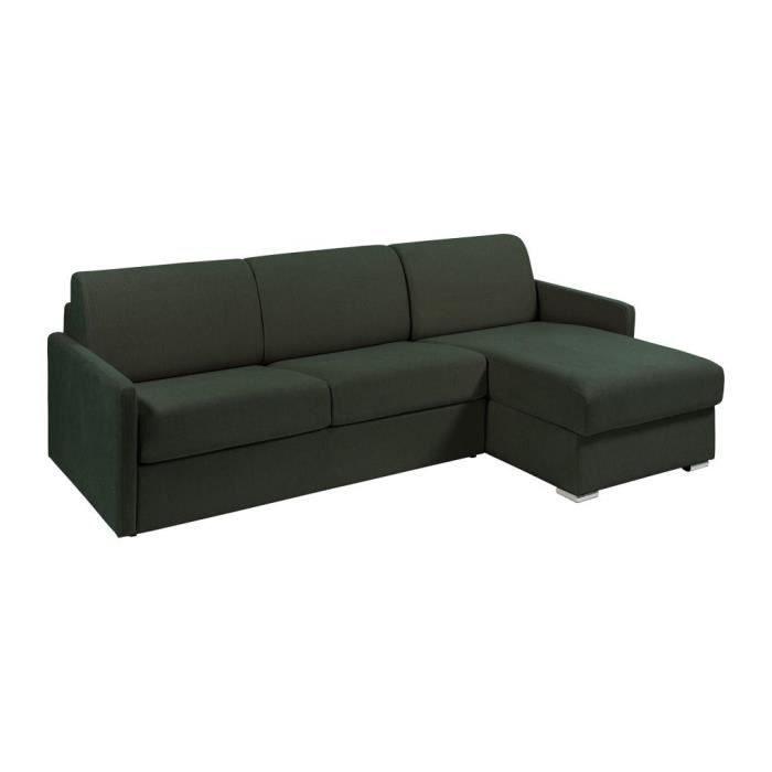 Canapé d'angle convertible express et réversible en tissu vert sapin - Couchage 140 cm à lattes larges - Matelas 18 cm - CALIFE