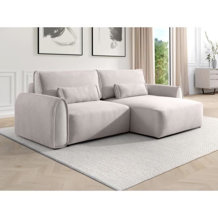 Canapé d'angle convertible et réversible en velours côtelé gris clair RISTANO