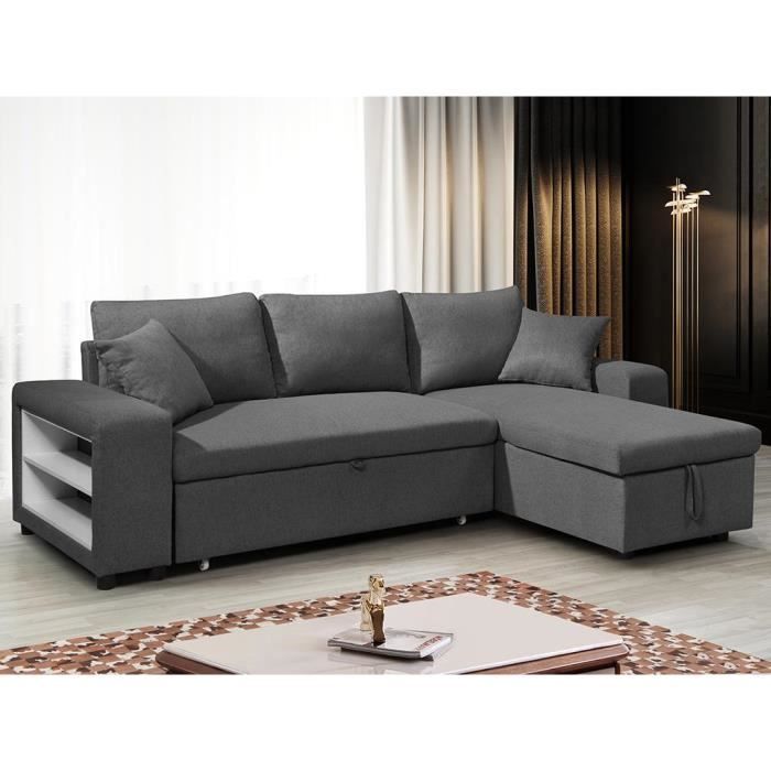 Canapé d'angle convertible et réversible en tissu avec coffre de rangement et poufs anthracite SELIM
