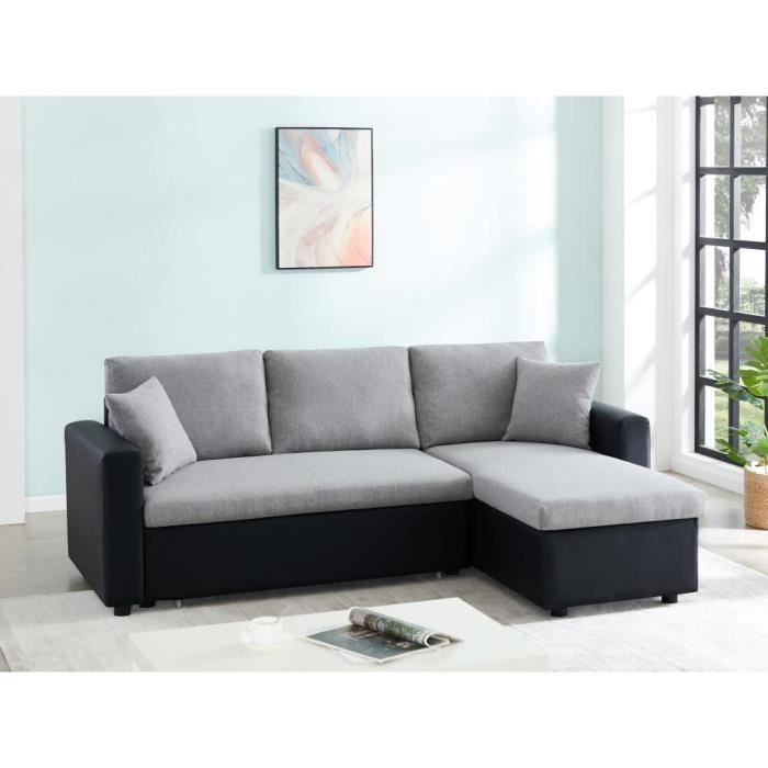 Canapé d'angle convertible et réversible en tissu gris clair et noir GAZUR II