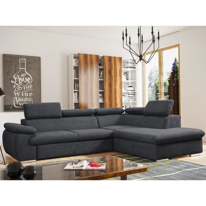 Canapé d'angle convertible en tissu avec coffre de rangement FABIEN - Anthracite - Angle droit