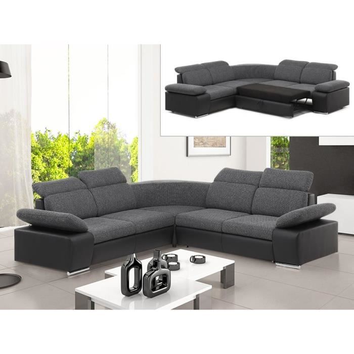 Canapé d'angle convertible avec rangement en tissu et simili RABELAIS - Bicolore anthracite et noir