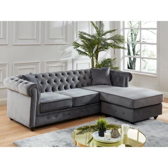 Canapé d'angle chesterfield réversible TOLEDO en velours - Anthracite