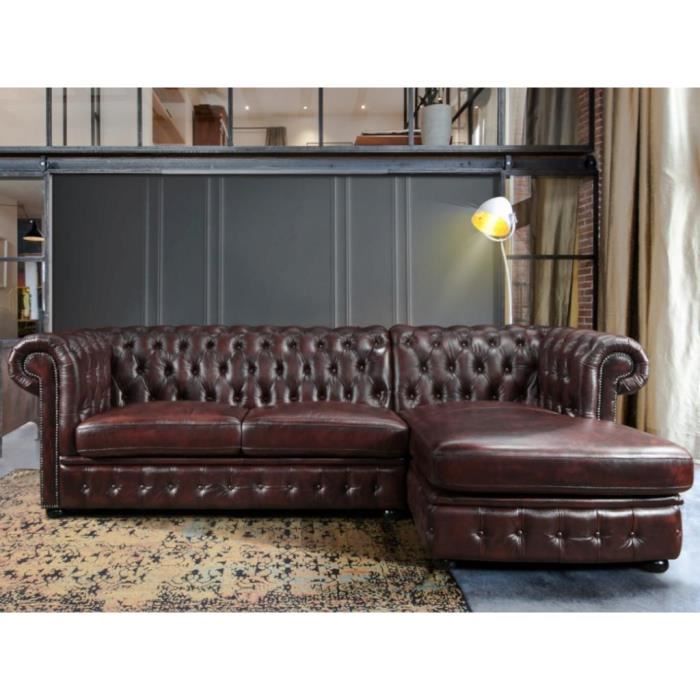 Canapé d'angle chesterfield BRENTON 100% cuir de buffle - Cherry - Angle droit - Rouge - Avec accoudoirs - Fixe