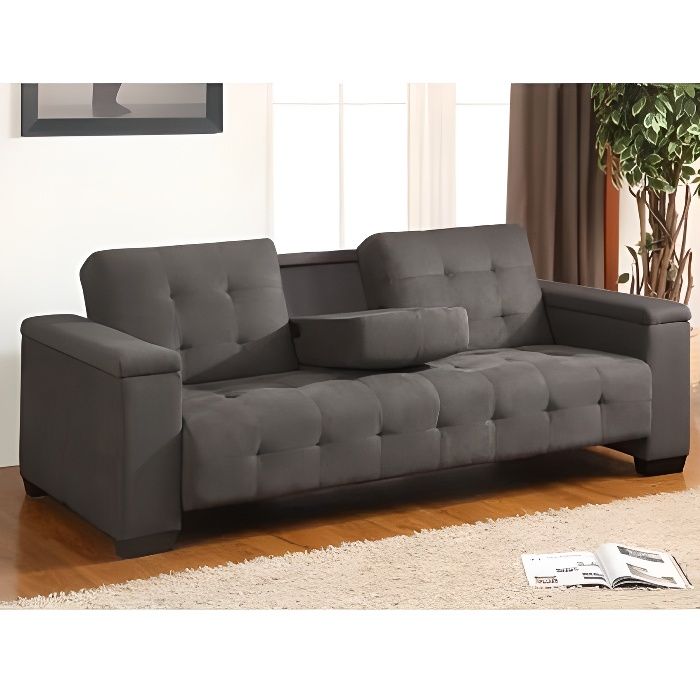 Canapé convertible 3 places DEVONSHIRE - VENTE-UNIQUE - Microfibre Gris - Tablette rabattable