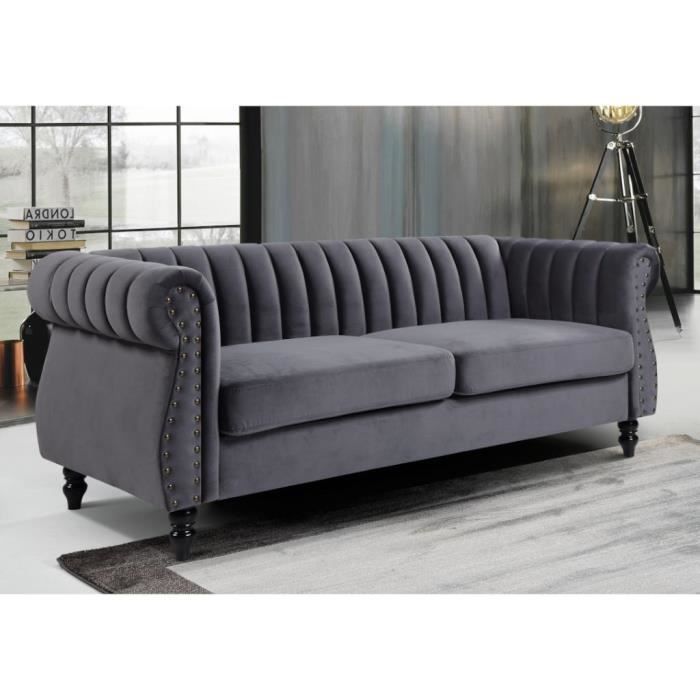 Canapé chesterfield 3 places en velours - VENTE-UNIQUE - TRUMBO - Anthracite - Style vintage - Finition cloutée
