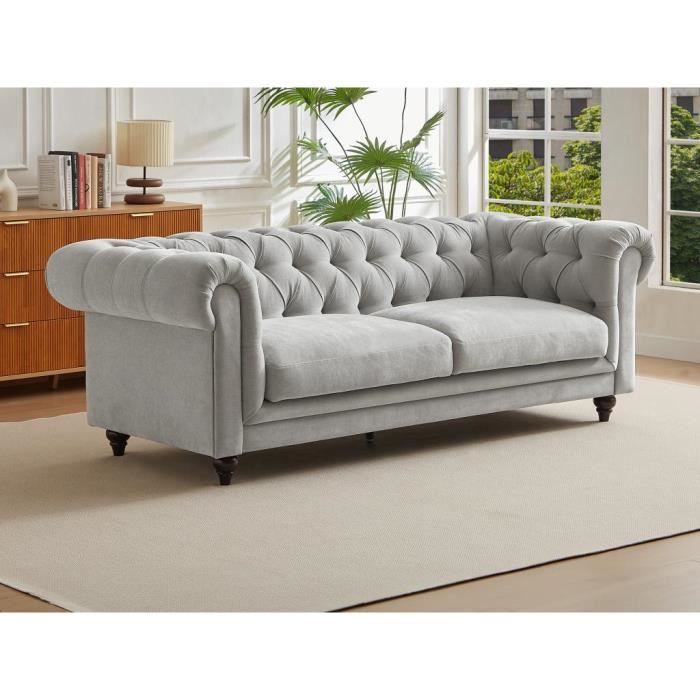Canapé chesterfield 3 places en tissu gris clair CRONEL
