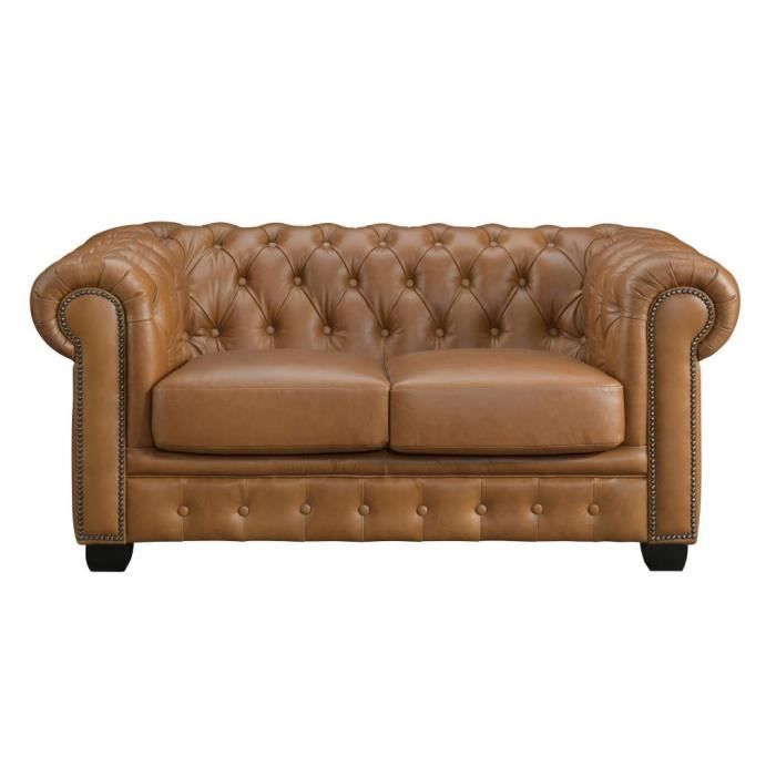 Canapé chesterfield 2 places BRENTON 100% cuir de buffle - Caramel vintage
