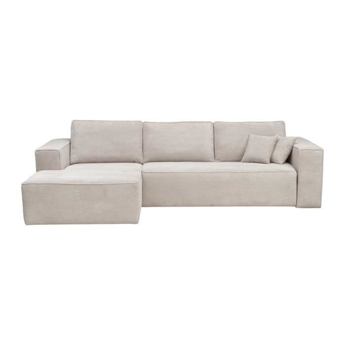 Canapé angle gauche convertible express velours côtelé beige - Couchage 140 cm - Matelas 14 cm AMELIA II