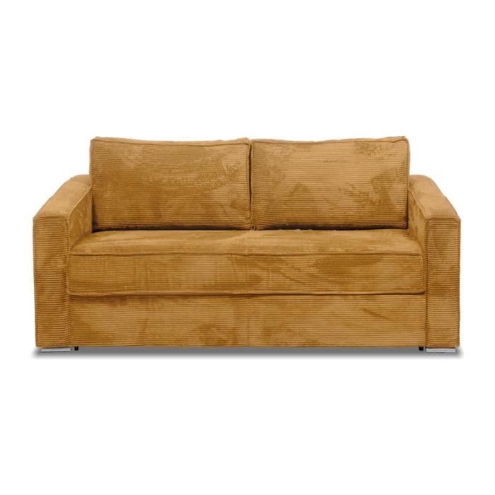 Canapé 4 places convertible express en velours côtelé jaune moutarde - Couchage à lattes larges 160 cm - Matelas 22 cm LORETO