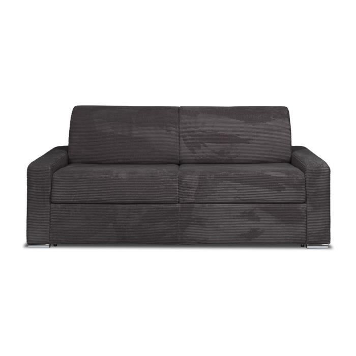 Canapé 4 places convertible express en velours côtelé gris anthracite - Couchage lattes larges 160 cm - Matelas 22 cm CALITO