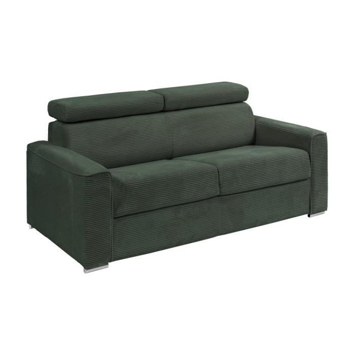 Canapé 4 places convertible express en velours côtelé vert - Couchage à lattes larges 160 cm - Matelas 22 cm - VIZIR