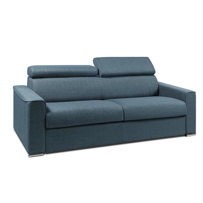 Canapé 4 places convertible express en tissu VIZIR - Bleu - Couchage 160 cm - Matelas 16 cm mémoire de forme DUNLOPILLO