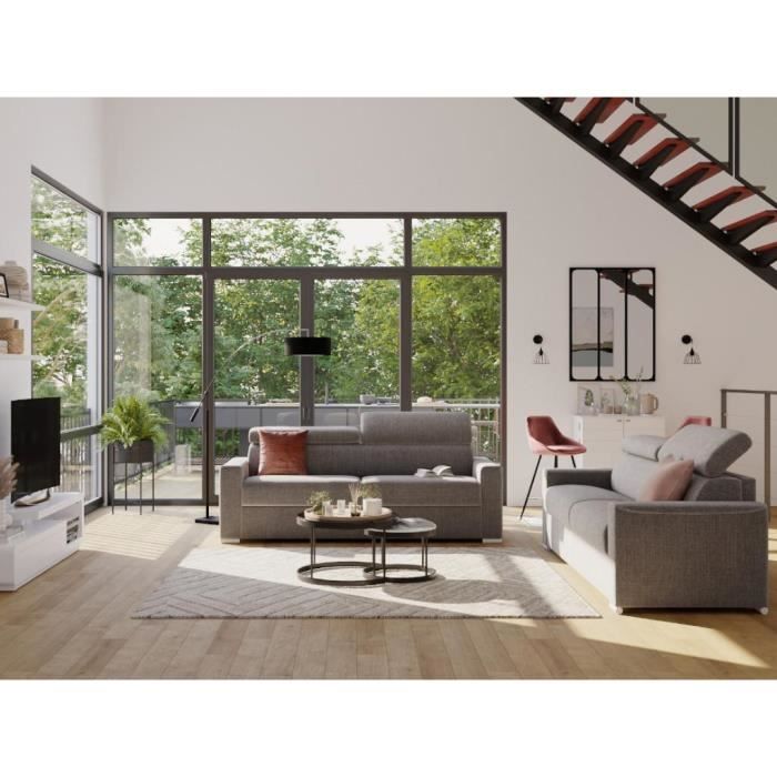 Canapé 4 places convertible express en tissu VIZIR - Gris - Couchage 160 cm - Matelas 22 cm avec mémoire de forme DUNLOPILLO