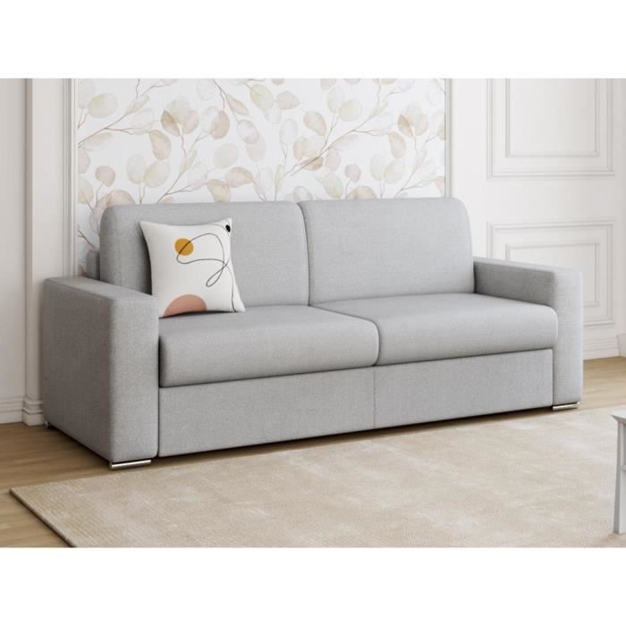 Canapé 4 places convertible express en tissu gris - Couchage lattes larges 160 cm - Matelas 18 cm avec mémoire de forme CALITO
