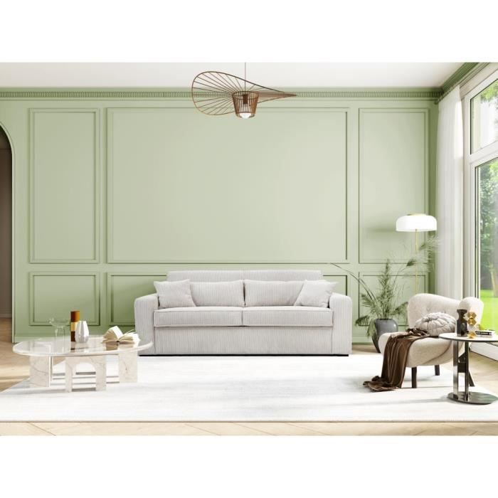 Canapé 4 places convertible express en tissu crème - Couchage 160 cm - Matelas 18 cm - MONDOVI