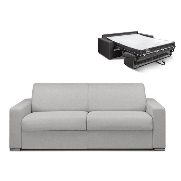 Canapé 4 places convertible express en tissu CALITO - Gris - Couchage lattes larges 160 cm - Matelas 16 cm avec mousse à mémoire de