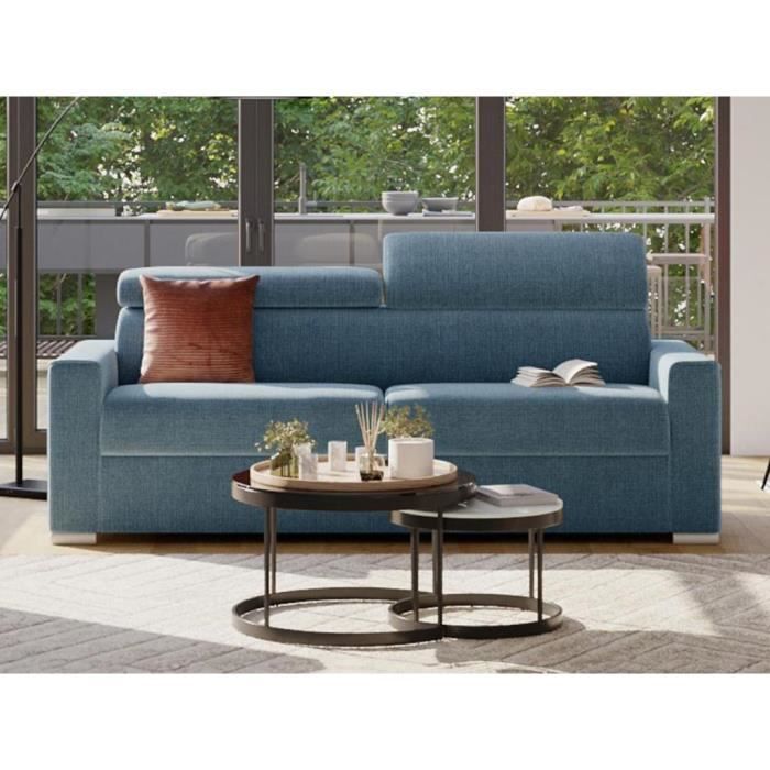 Canapé 4 places convertible express en tissu bleu - couchage 160 cm - Matelas 18 cm VIZIR