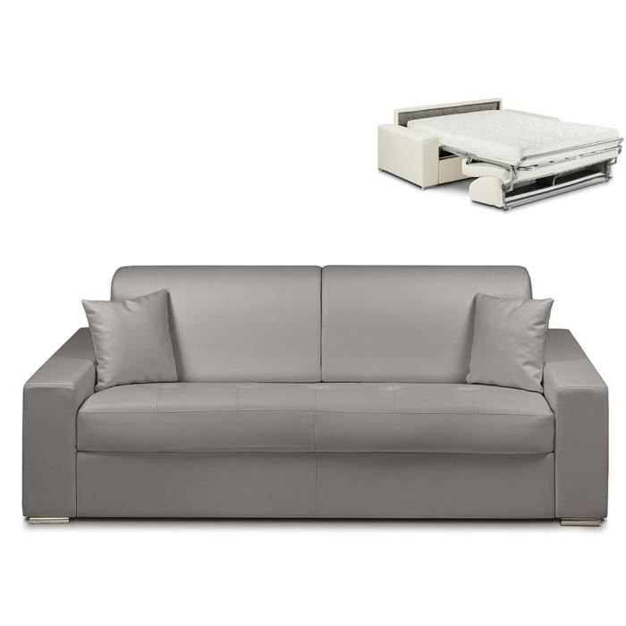 Canapé 4 places convertible express en simili EMIR - Gris - Couchage à lattes larges 160 cm - Matelas 18 cm