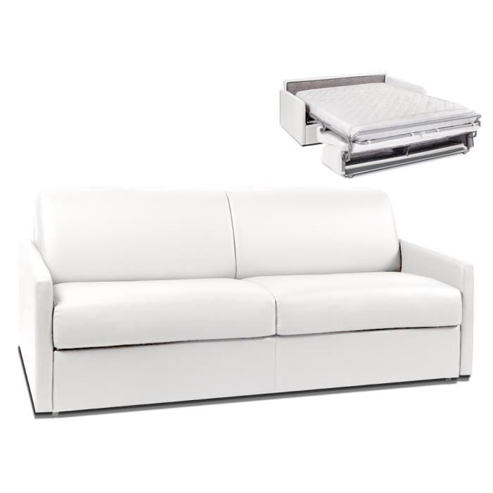 Canapé 4 places convertible express en simili CALIFE - Blanc - Couchage à  lattes larges 160 cm - Matelas 18 cm
