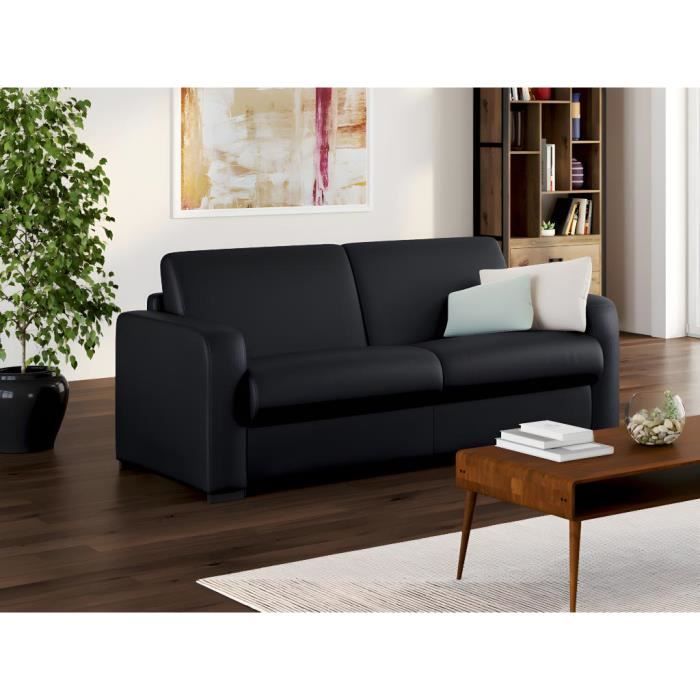 Canapé 4 places convertible express en cuir noir matelas 14 cm BEVIS - VENTE-UNIQUE