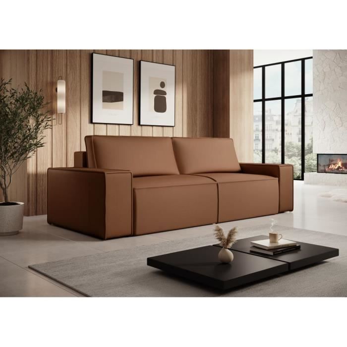 Canapé 4 places convertible en tissu effet cuir marron AMELIA