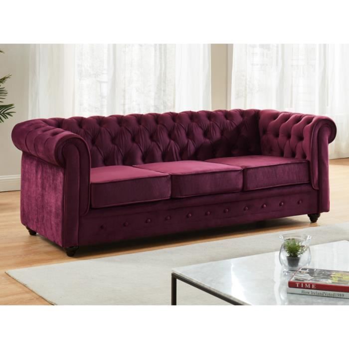 Canapé 3 places VENTE-UNIQUE - CHESTERFIELD - Velours pourpre - Style vintage - Confort moelleux