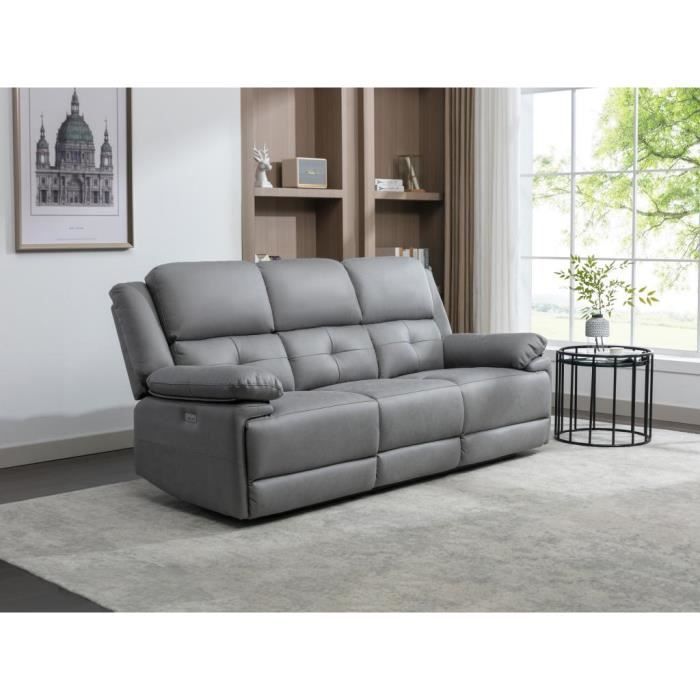 Canapé Relax Electrique 3 Places en Tissu Gris - VENTE-UNIQUE - DOLENE
